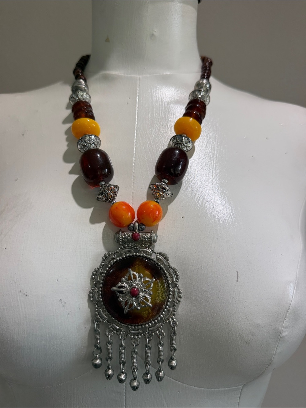 Bohemian Amber & Orange Statement Pendant Necklace